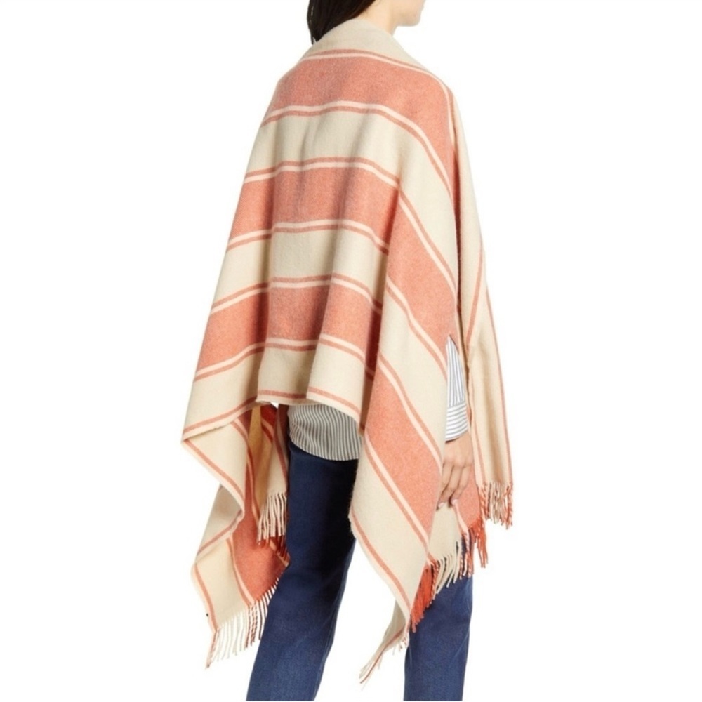 Madewell Orange and Cream Striped Fringed Poncho Cape